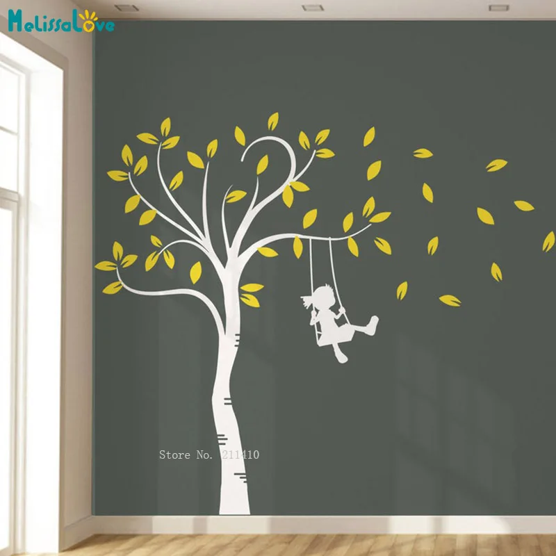 Simple Design Divils Adorable Swinging Girl and Large Leaved Tree Vinyl Wall Decals Self-adhesive DIY Sticker YT5628