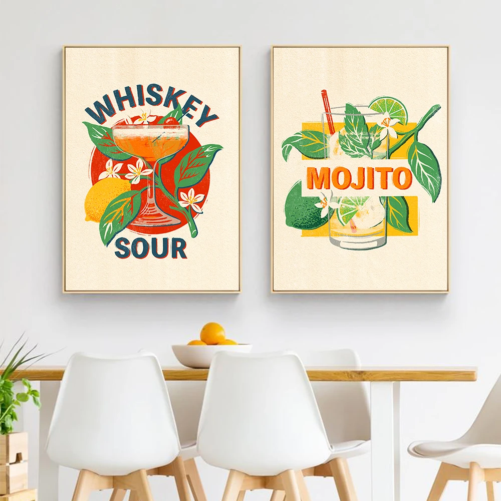 Abstract Cartoon Fruit Juice Poster Print Cocktail Drink Negroni Whiskey Mojito Canvas Painting Club Bar Kitchen Home Wall Decor
