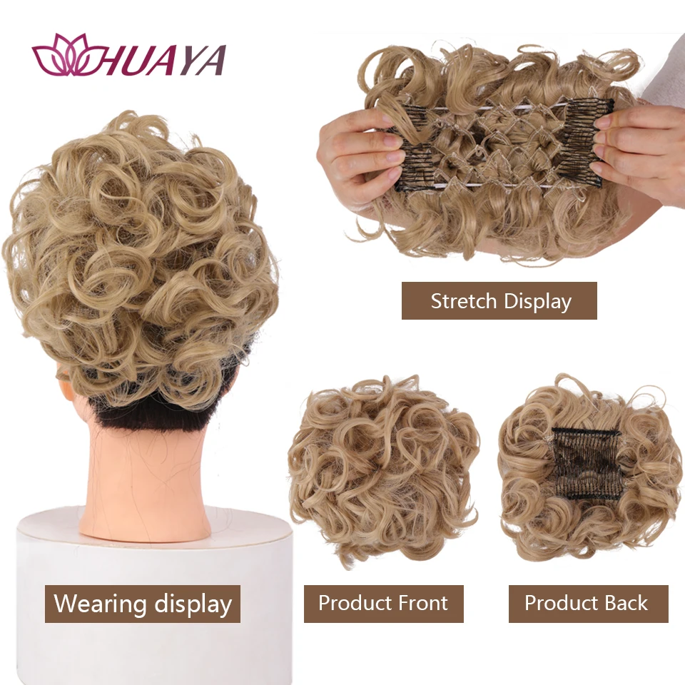 HUAYA Curly Chignon Messy Bun Updo Clip in Hair Piece Extensions Wiht Hairpins Elastic Band Synthetic Hair Bun  Black  Blonde