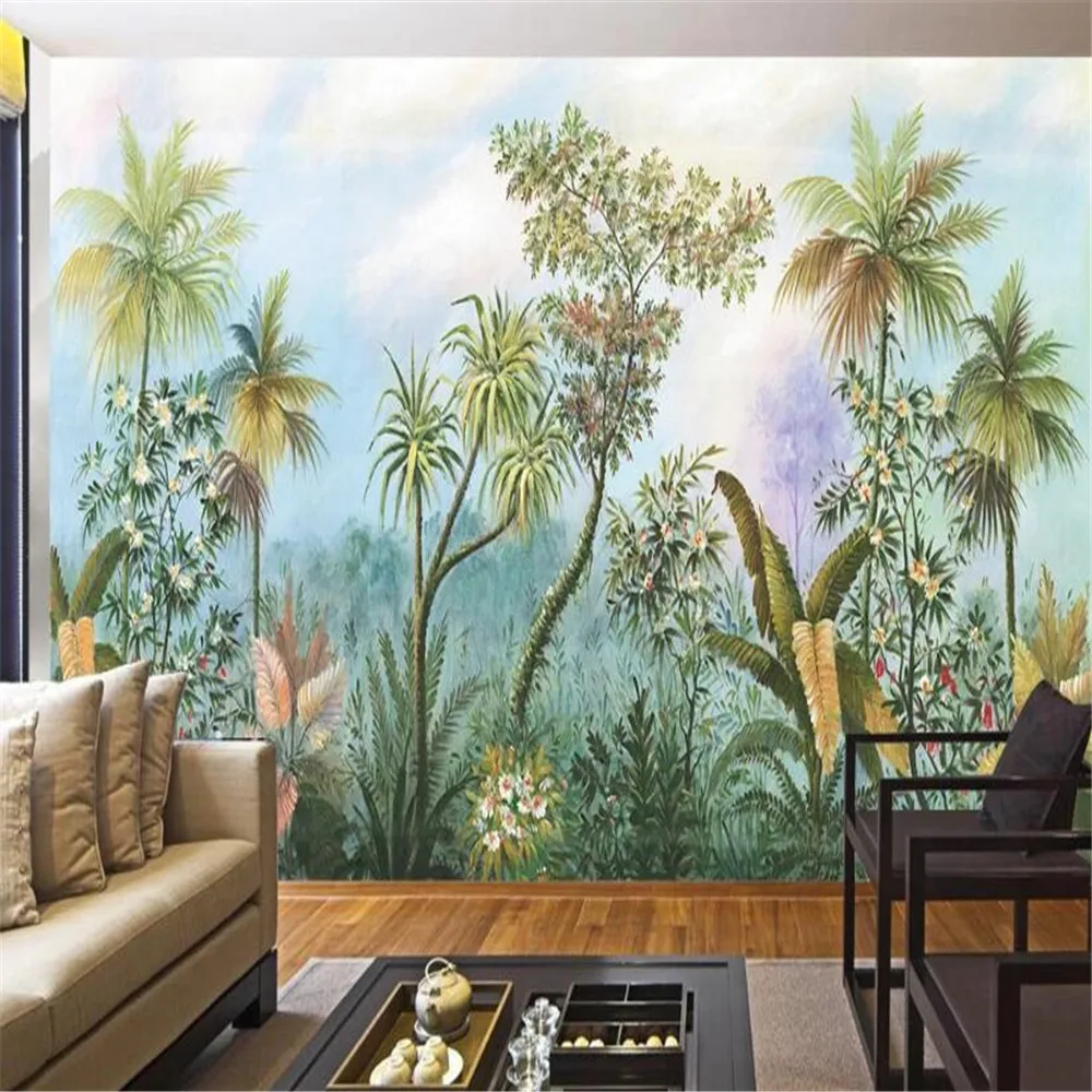 

Milofi European-style hand-painted garden woods rainforest plantain coconut palm hand-painted retro mural wallpaper