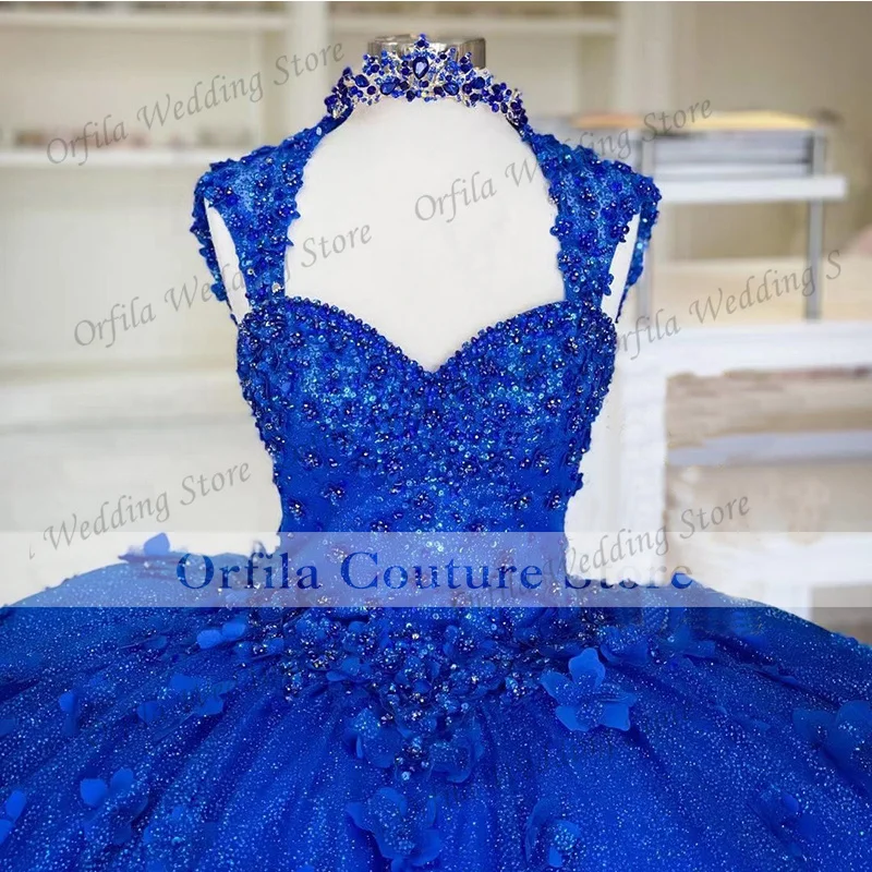 Azul real rainha quinceanera vestidos 2021 contas de renda princesa festa doce 16 vestido de baile vestidos de 15 años mangas destacáveis