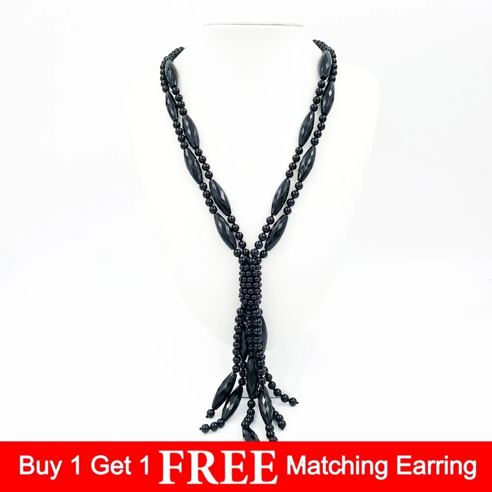 

LiiJi Unique Natural Stone Black Agatess Onyx Facted beads Tassels pendant Fashion Necklace 21inches