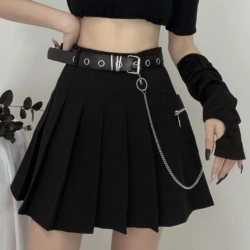 

YBYR Punk Summer Gothic Skirts For Women Streetwear Casual Zipper High Waist Black Skirt y2k Sexy Mini Pleated Skirt Belt Chain