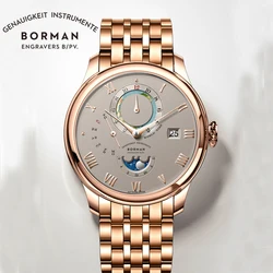 Borman Classic 316L Stainless Steel Atuomatic Mechanical Men's Watch Moon Phase World Time Watch Sapphire Waterproof 50M Watches