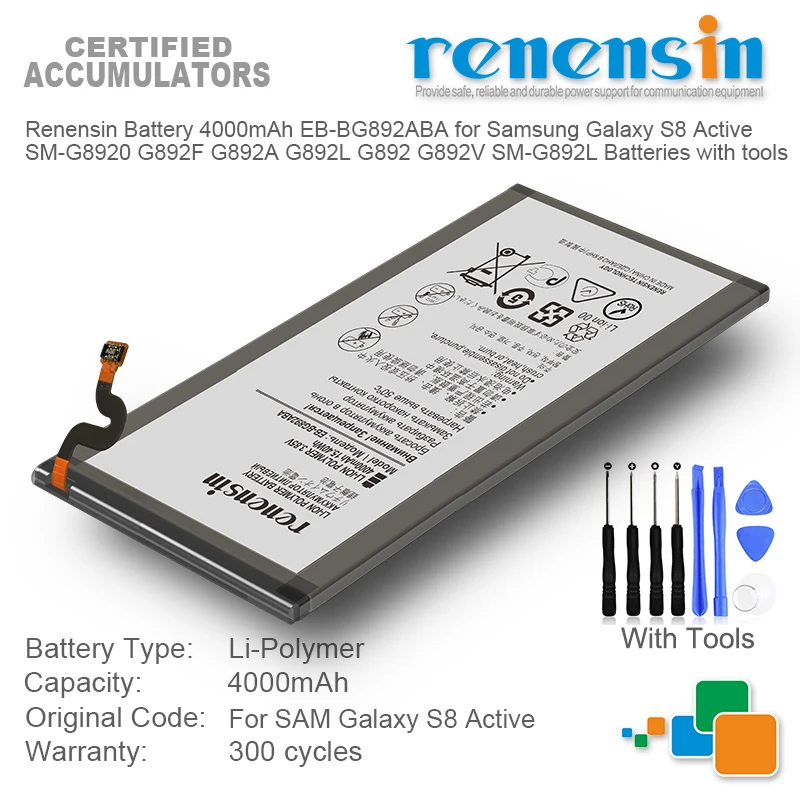 

Renensin батарея 4000 мА/ч, EB-BG892ABA для Samsung Galaxy S8 активный SM-G8920 G892F G892A G892L G892 G892V SM-G892L батареи