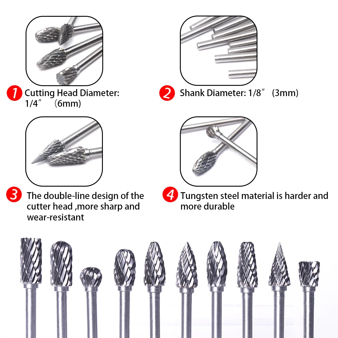 10ชิ้น/เซ็ต1/8 "Shank ทังสเตนคาร์ไบด์เครื่องตัดโรตารี่ Burr Double Diamond Cut โรตารี่เครื่องมือไฟฟ้า