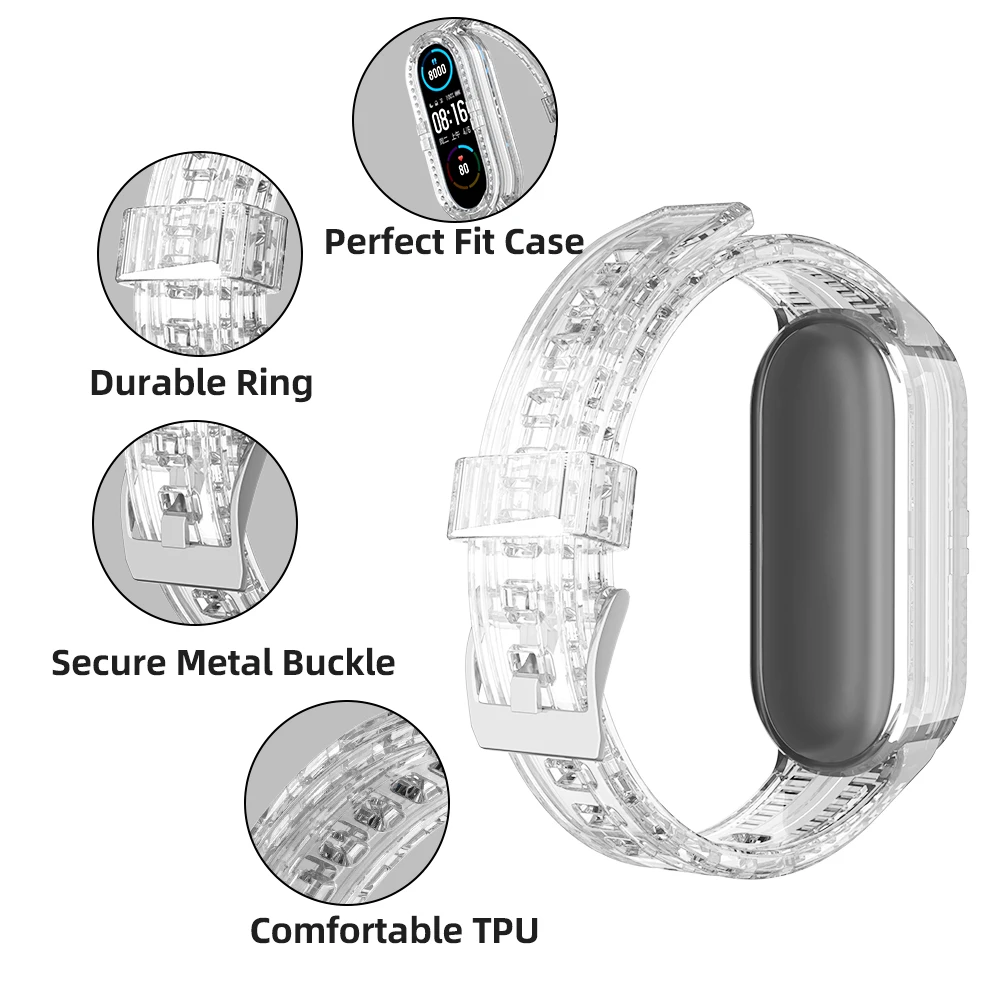 Correia TPU transparente para Xiaomi Mi Band, pulseira de silicone macio impermeável, pulseira de moda, 7, 6, 5, 4, 3