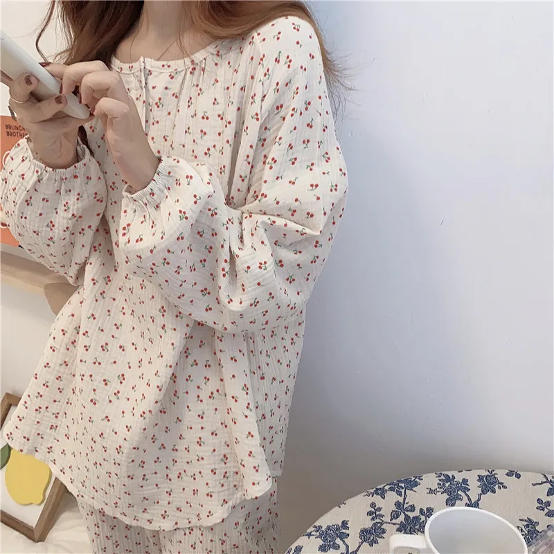 Vintage Cherry Print Cotton Pajamas Set Women O-Neck Long Sleeve Single Breasted Shirts + Long Pants Home Suit Japanese Soft