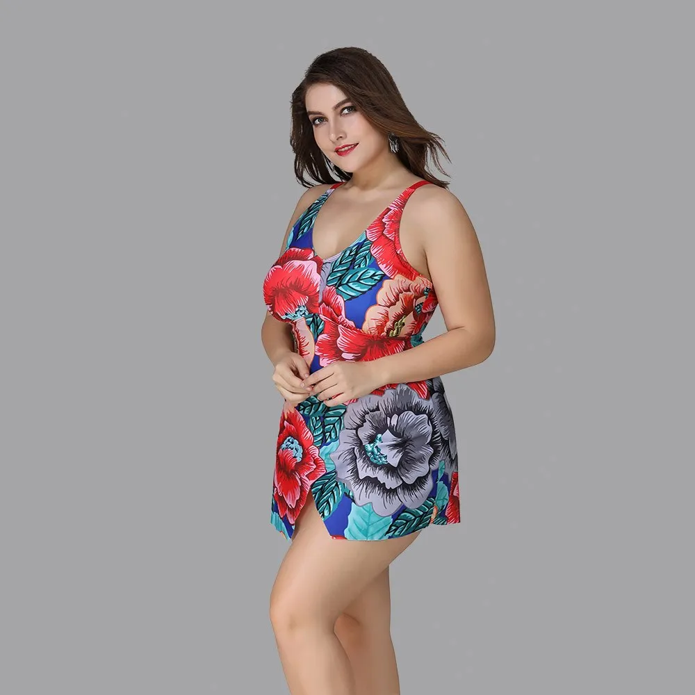 Women's Tankini Swimsuit Plus Size Swimming Costume Covers Halter Two Piece Floral Print Swimwear Tummy Control Swimdress Skirt