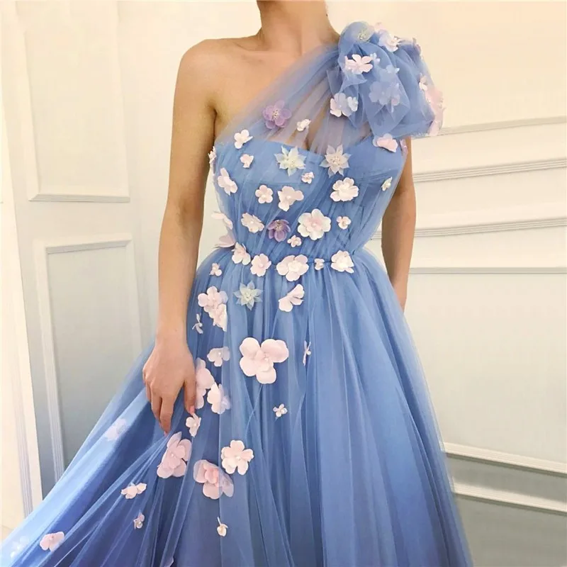 Nuovo Ghiaccio Blu Abiti Da Sera 2021 Una Spalla 3D Fiori Perle di Tulle Graduazione Del Partito Lungo di Promenade Abiti vestidos de noiva