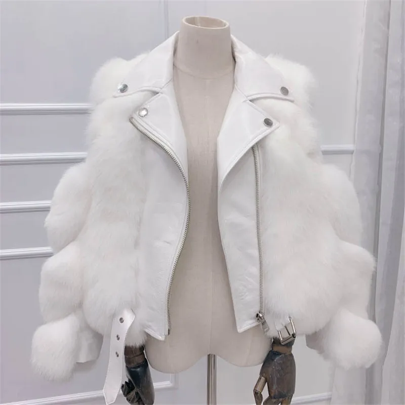 Office Lady Faux Fox Fur Winter Women Short Zipper Jacket Female Imitation Leather Stitching Model One Fur Parkas Biker Overcoat