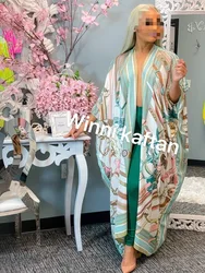 Middle East Muslim Women Summer Silk Loose Church Cardigans Oversized African Femme Printed Boho Kimono OPen Front Duster Coat