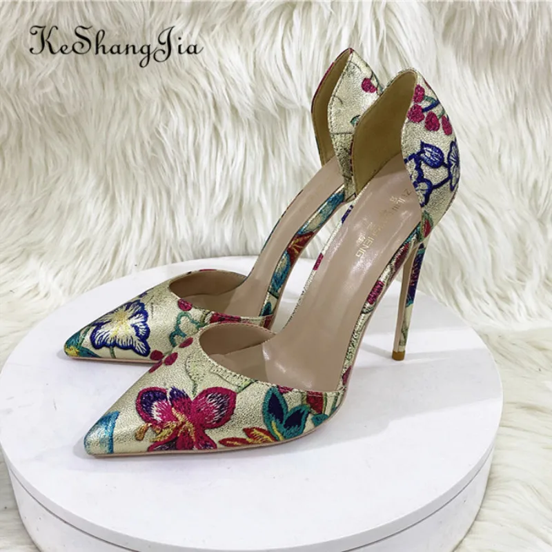 

Ke Shang jia Women Shoes Fashion Gold Heels Stiletto High-heeled Shallow Mouth Pointed Sexy Hollow Women Shoes size 33-46