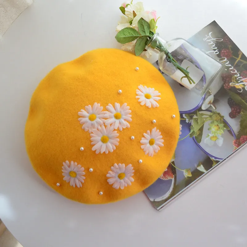 Lolita hat handmade beret women autumn and winter flowers pearl woolen painter hat retro literary pumpkin hat