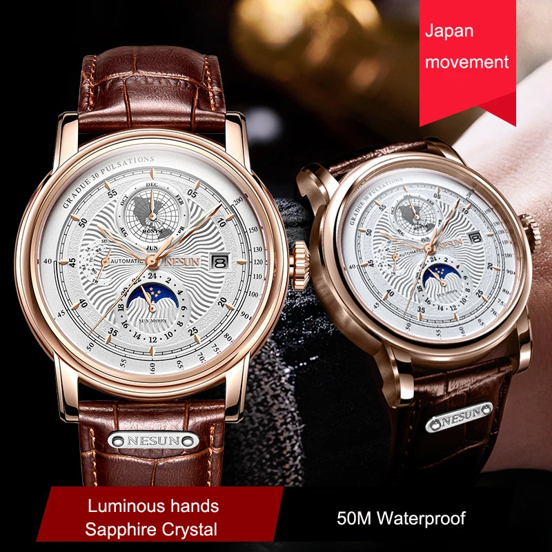 Switzerland NESUN Luxury Brand Seagull ST16 Automatic Mechanical Men's Watches Sapphire Moon Phase 50M Waterproof Clock N9022-3