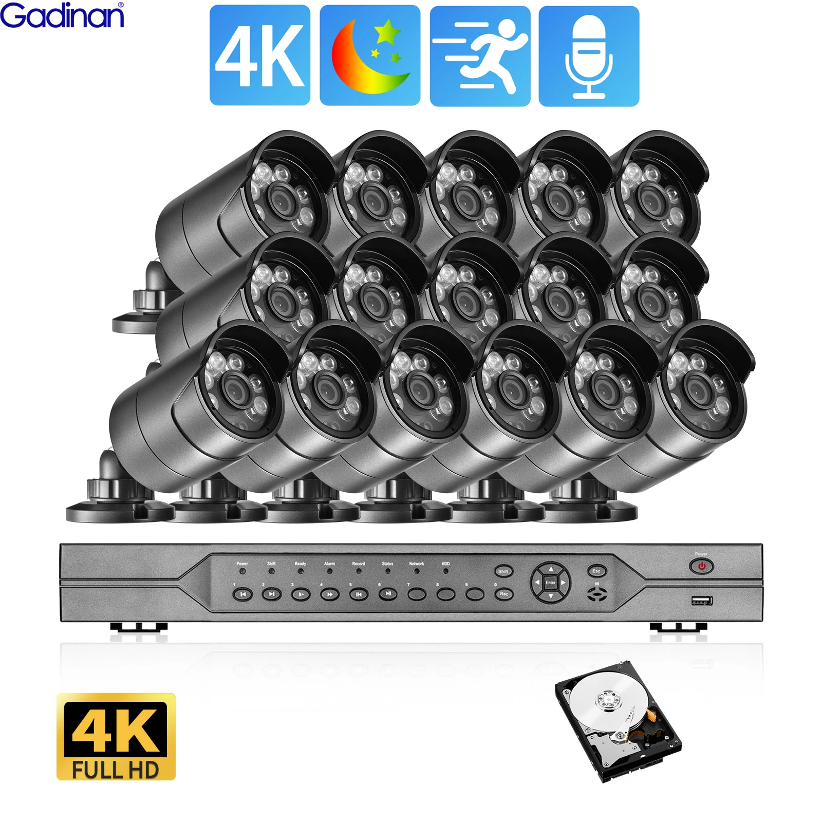 

Gadinan 4K 16CH POE NVR Outdoor Video Surveillance 8MP Full Color Night Vision Audio Home CCTV Camera Security System Kit Set