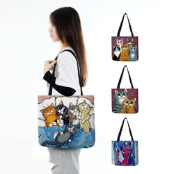 Cute Cartoon Cat Print Tote Handbag for Women Ladies Linen Cloth Shoulder Bag Outdoor Casual Leisure Shopping Bags for Groceries