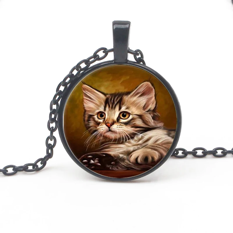 Cute Unique Necklace Glass Cabochon Bronze Chain Necklace Black Cat Picture Retro Pendant Necklace Woman Sweater Choker