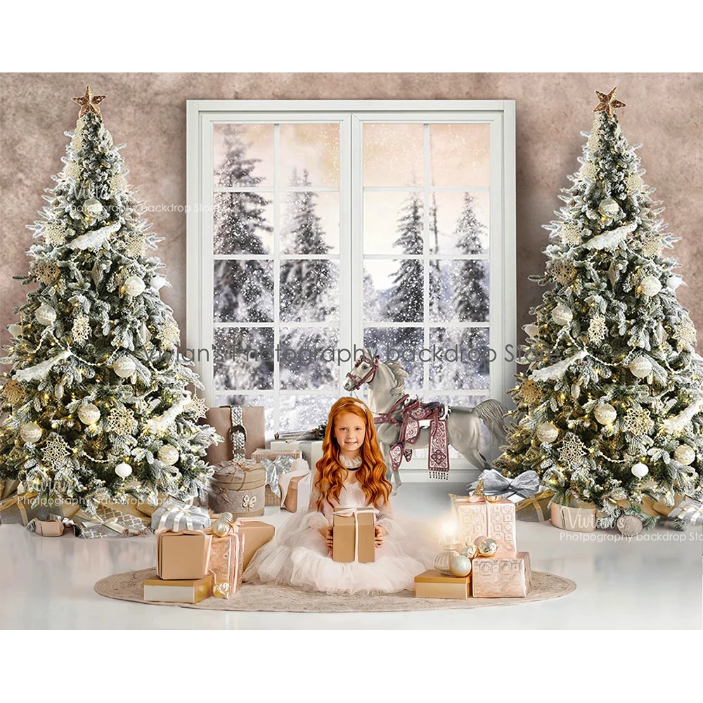 Mockica natal fotografia crianças retrato criança rena inverno neve janela árvore de natal banner menina recém-nascido photostudio