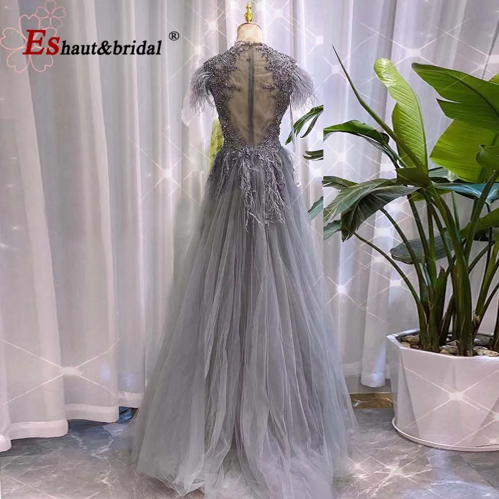 Elegant Feather Evening Night Dress for Women 2023 Mermaid Sleeveless Crystal Handmade O Neck Formal Prom Wedding Part Gowns