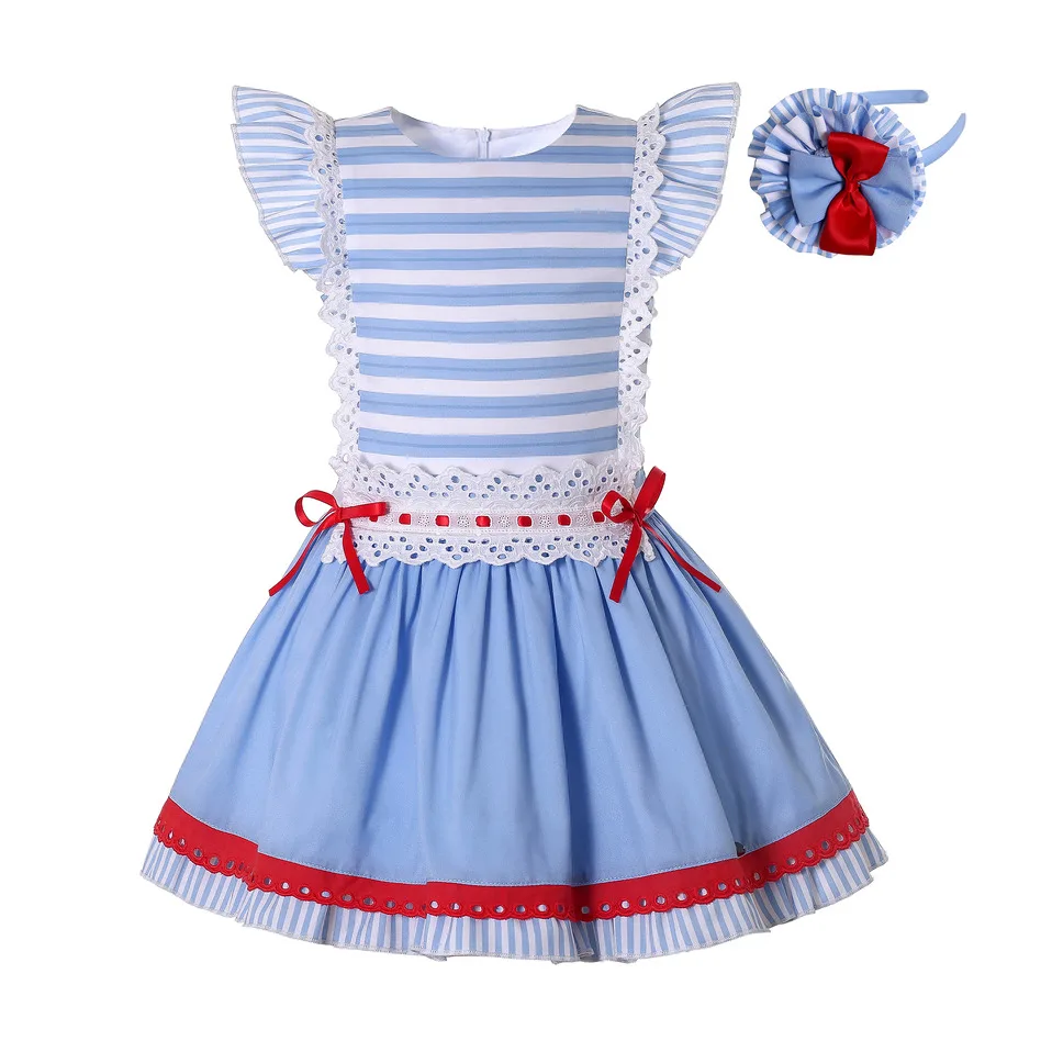 Pettigirl Spanish Children Short Dresses for Girls Causal Kids Wear Blue Striped Cute Party Summer Dress Clothes 2 to 8 Years