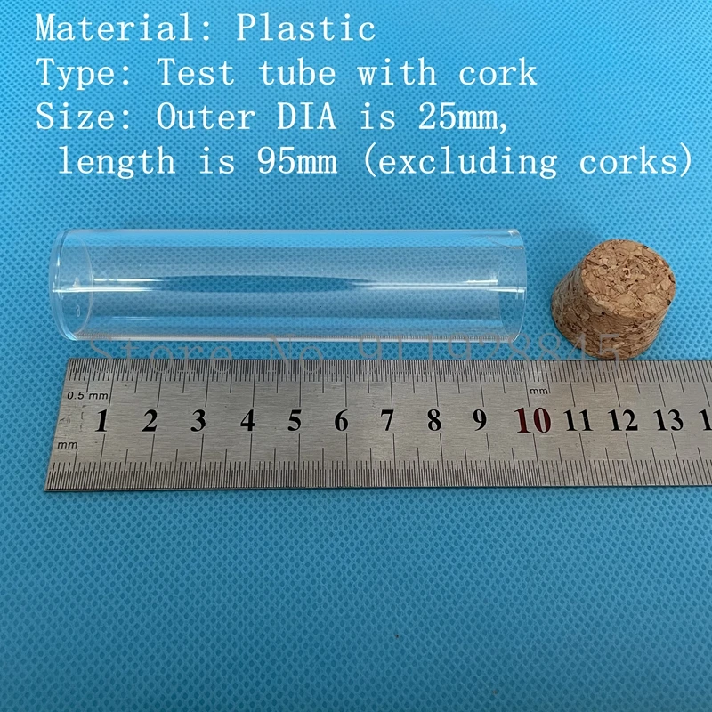 Tubo de ensayo de plástico transparente de fondo plano, embalaje de té con corcho, 25x95mm, 100 unids/lote por paquete