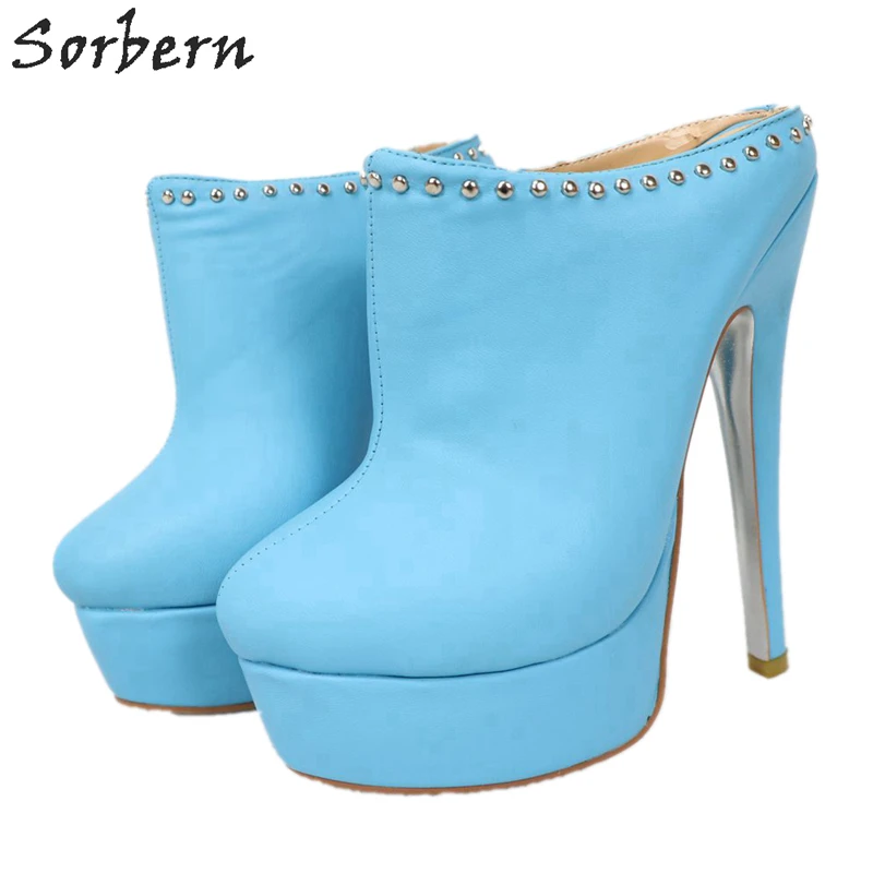 

Sorbern Sky Blue Women Mules Pump Stilettos High Heel Slip On Rivets Platform Shoe Lady Shoe Pointy Toe Platform Heels Custom