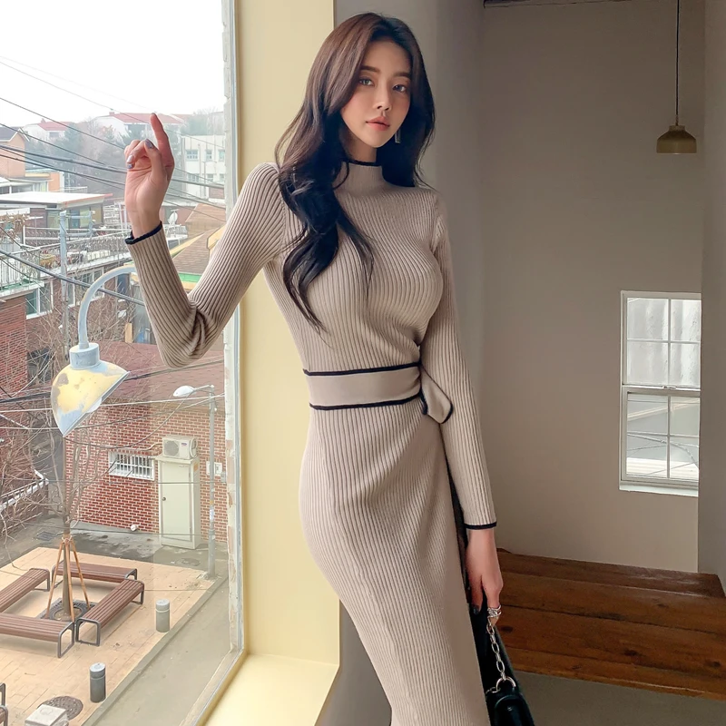 SMTHMA 2022 New Autumn Winter Korean Style Temperament Dress Ladies Slim Waist Lace-Up Knitted Mid-Length Sweater Dress Vestidos