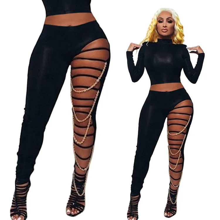 Sexy  Women’s Skinny Leggings Sexy Cutout Ripped Mid Waist Full-Length Stretchy Pants With Chain Decor