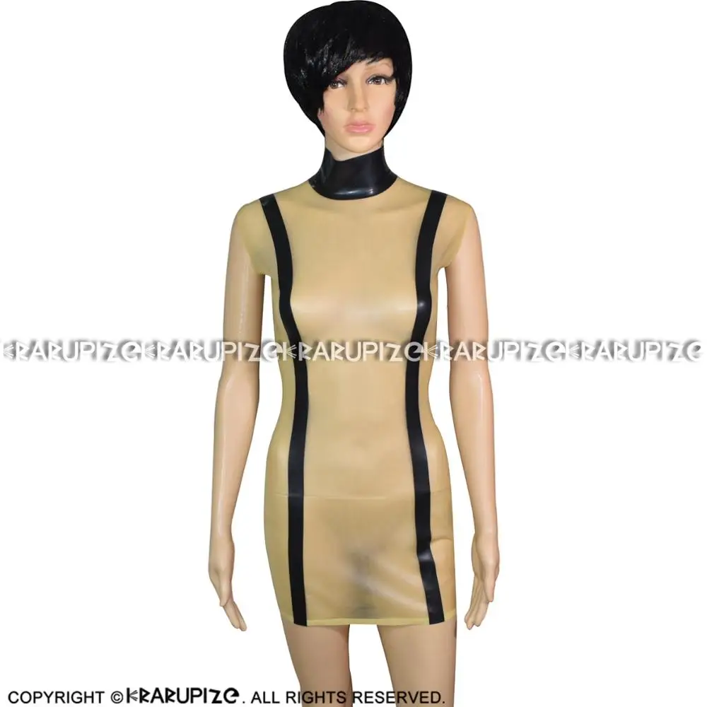 Transparent And Black Sexy Latex Dress With Stripes From Top To Bottom Zipper At Back Rubber Bodycon Playsuit LYQ-0135