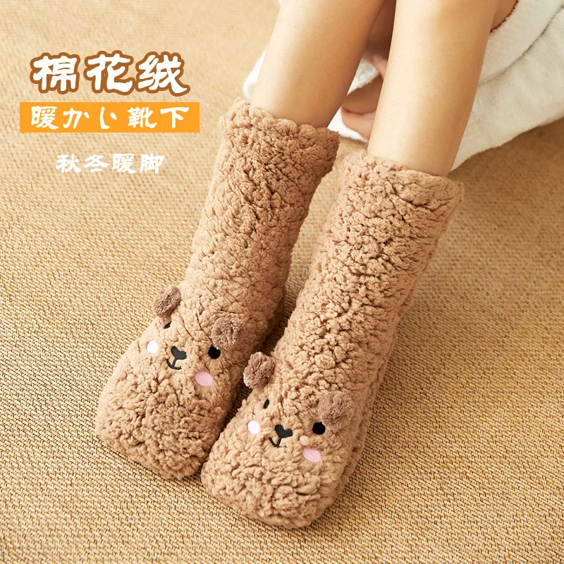 Floor Socks Women Autumn and Winter Velvet Coral Fleece Socks Sleep Home Slippers Snow Socks Confinement bear Carpet Socks