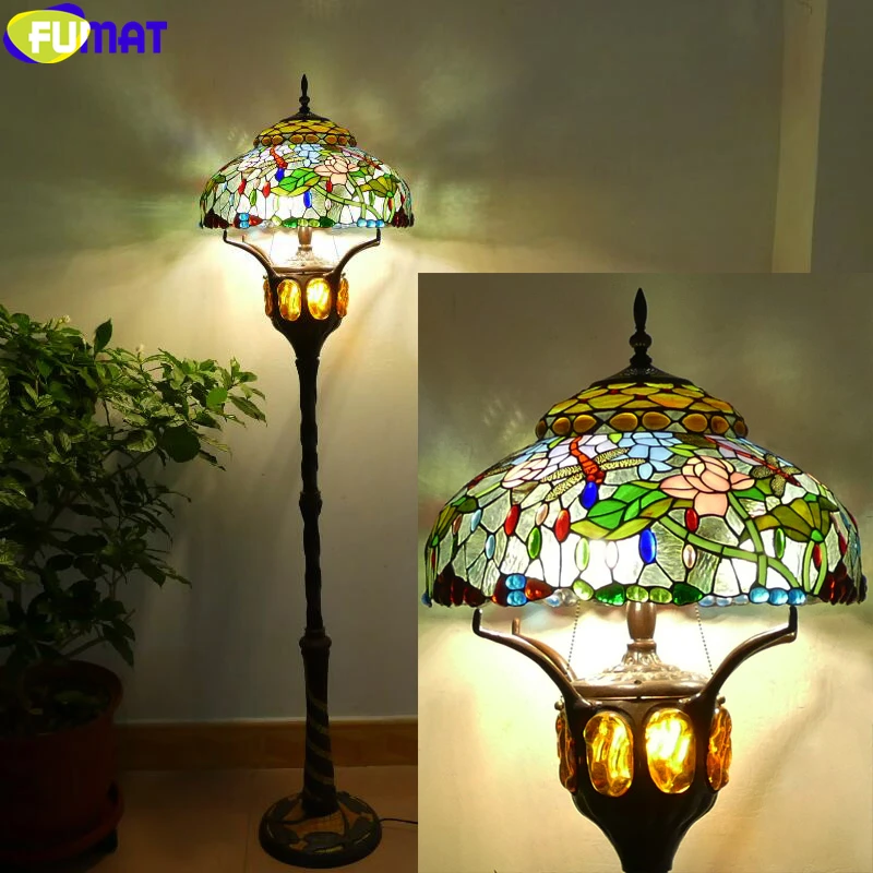 FUMAT Tiffany Style Lash Floor Lamps Colorful Stained Glass Lampshade Cast Iron Mosaic Frame W18“ H69” Art Gemini Standard Light