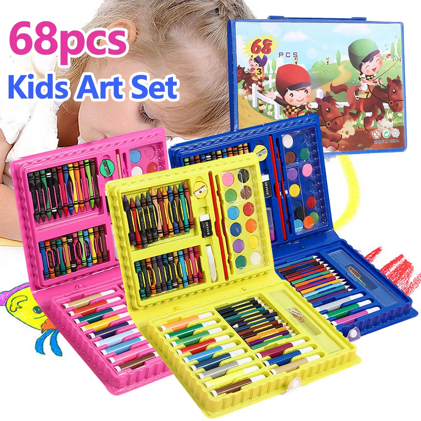 68PCS Kids Painting Drawing Art Set with Crayons Oil Pastels Watercolor Markers Colored Pencil Tools for Toddlers Gift