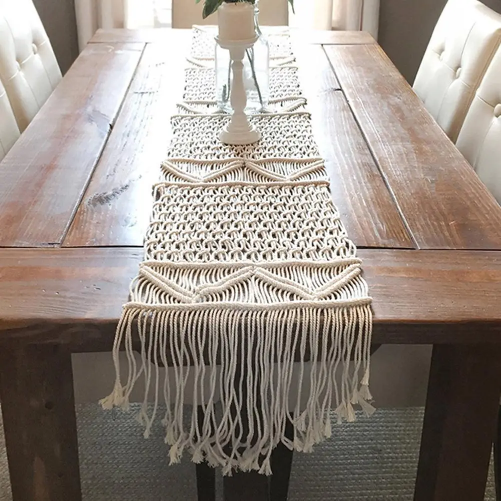 

Bohemian Table Runner Handmade Table Bed Tapestry Hand-woven Macrame Table Runner With Tassels Wedding Party Home Decoration