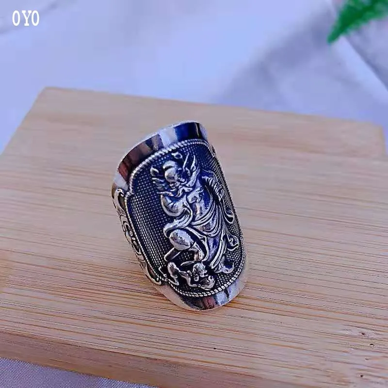 

100% s990 sterling silver Zhong Kui totem ring domineering retro male evil spirit opening silver ring