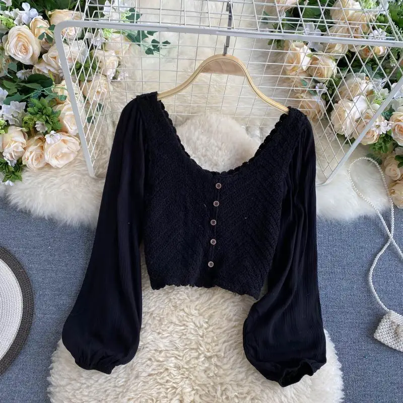 French retro knitted tops women\'s round neck puff sleeve front buttons open back sweet long-sleeved tops shirt