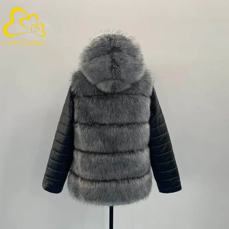 FANPUGUIZHEN Abrigo de piel sintética grueso y cálido de talla grande para mujer, chaqueta con capucha y cremallera, ropa de abrigo de invierno de manga larga extraíble