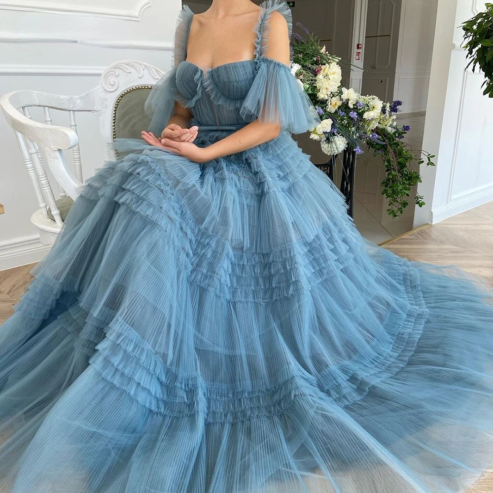 

Blue Long Prom Dresses Sweetheart Crumpled Tulle Ruffles Evening Dresses Off Shoulder Tiered A-Line Party Dresses Bow Belt