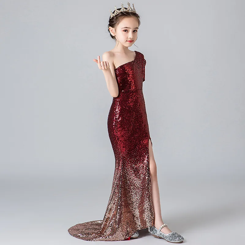 Girl Black Sequined Mermaid Dress Kids Elegant Gowns Children Sleeveless Princess Frocks Girls Wedding Birthday Party Dresses