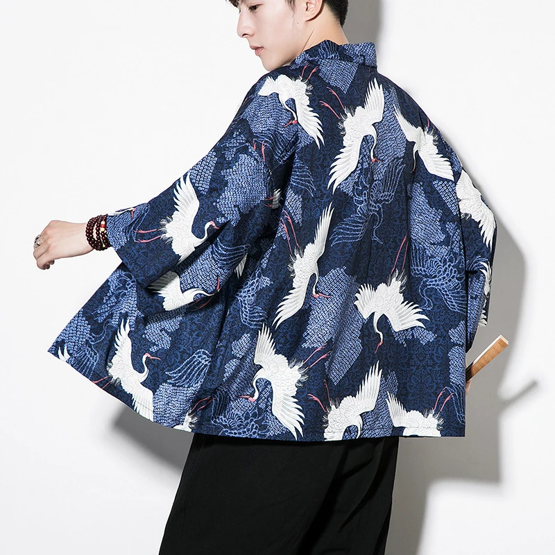 Men's Crane Pattern Kimono robe Jackets Japanese Cardigan Retro Coats Traditional Clothing Streatwear tang suit hanfu men