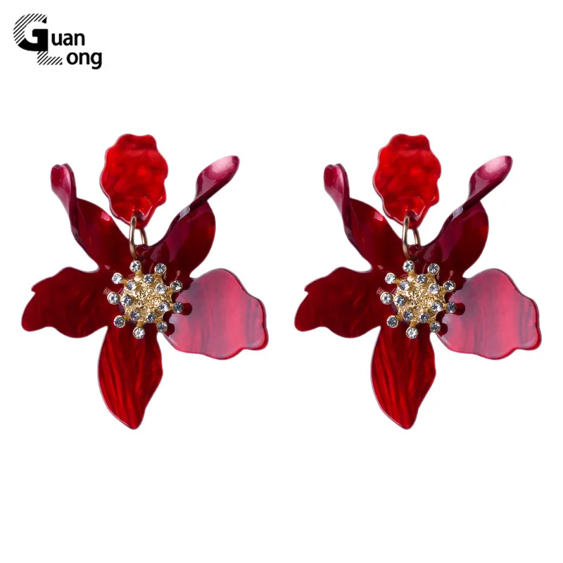 GuanLong Hot Sales Fashion Big Flowers Earrings For Women Bohemian Boho Ethnic Acrylic Cystal Dangle Drop Earrings Ear Jewelry