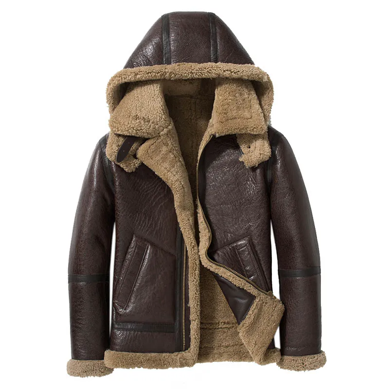 Warm Hooded Thick Genuine Leather Fur Shearling Men Black Brown Warm Winter Real Fur Coats