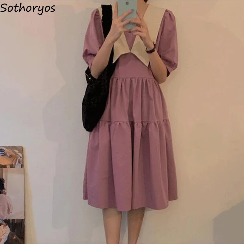 

Women Dresses Short Sleeve Patchwork Fashion Sailor Collar Loose Casual Ulzzang Pleated Teens All-match Elegant Streetwear Retro