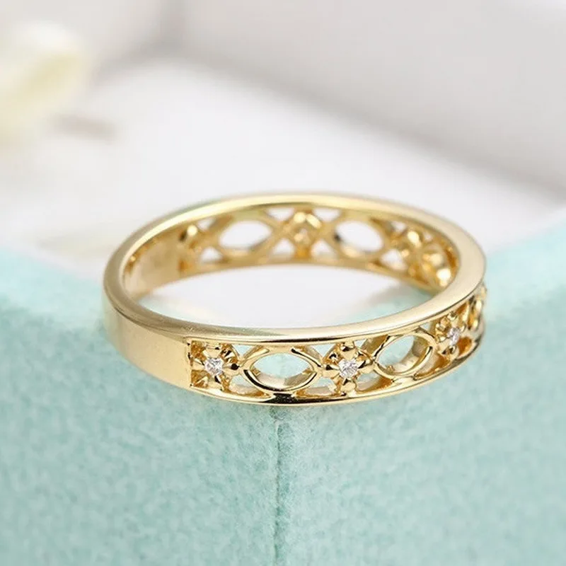 Women's Cubic Zirconia Ring Hollow  Gold Color Ring Engagement Wedding Ring Femmel  Jewelry Fashion Popular Party Accessories