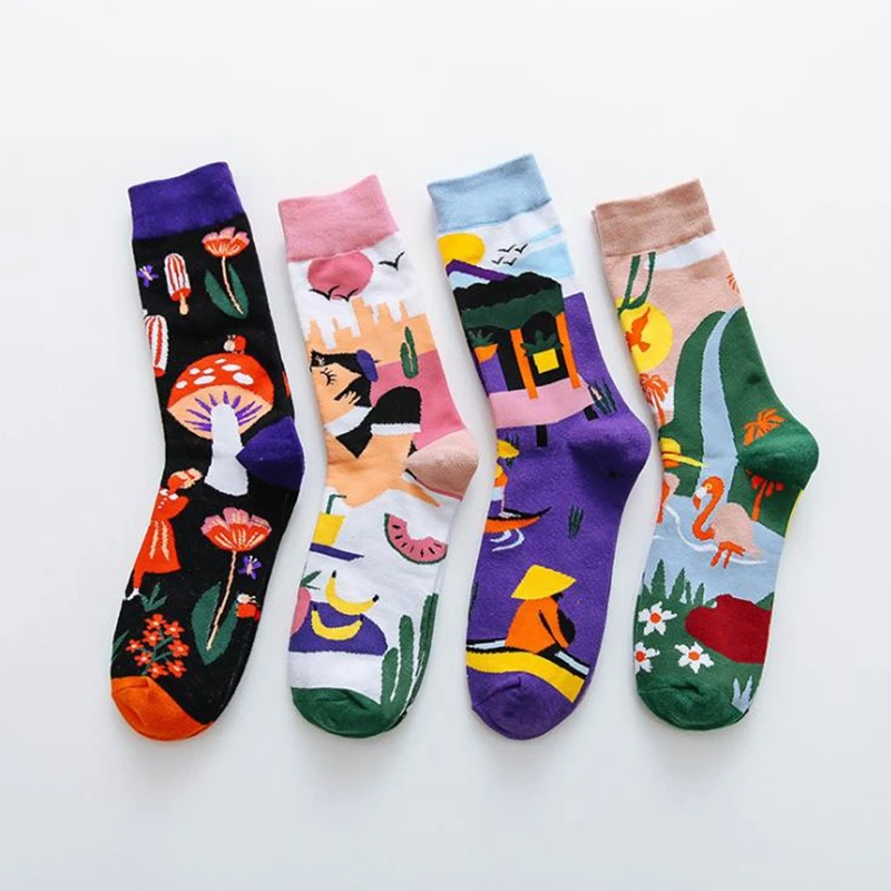 Occident  Colorful Fashion Print Socks Women with Mushroom Spring Abstract Art By Van Gogh Woman Socks Cotton Good Quality