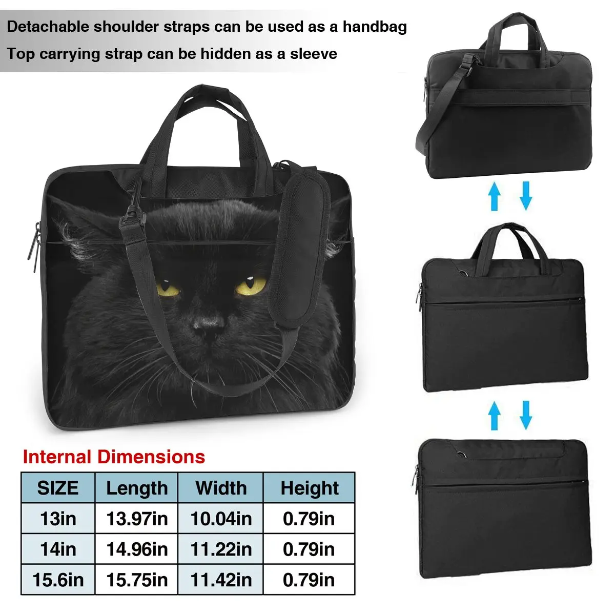 Gato preto Laptop Bag Case protetor Vintage computador saco bicicleta Crossbody Laptop bolsa