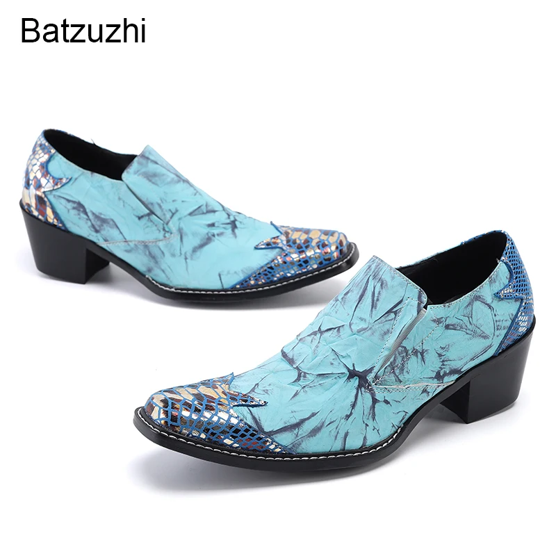 

Batzuzhi Men's Shoes Luxury Handmade Pointed Toe Blue Genuine Leather Dress Shoes Men 6.5cm High Heels for Party and Wedding!