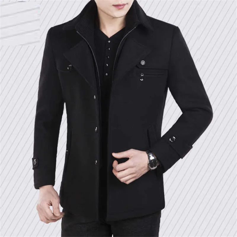 2019 new men's autumn and winter coat men's medium and long woolen jacket men's Mock Neck slim plus cotton thickened coat