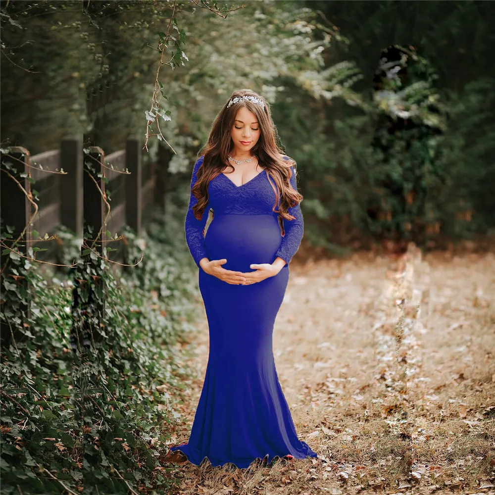 Women V Collar Long Dress Maternity Photography Props Lace Splicing Pregnancy Dress Elegence Pregnant Women Photography Props