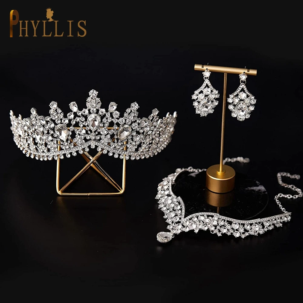 Corona de boda de cristal para mujer, conjunto de joyería barroca para el cabello, collar, pendientes, diademas de diamantes de imitación, Tiaras nupciales, A46